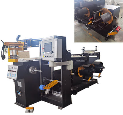 Máquina automática de enrolar folhas para bobinas de transformadores com folha de largura de 300 mm e dois desenroladores de folha